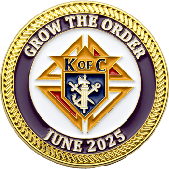 Circular challenge coin featuring the Knights of Columbus emblem, a gold rope border, and purple text reading 'Grow the Order June 2025'.