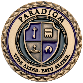 Antique brass challenge coin featuring a purple and black shield with a key, chess piece, and wolf icons, inscribed with Paradigm and Latin text.