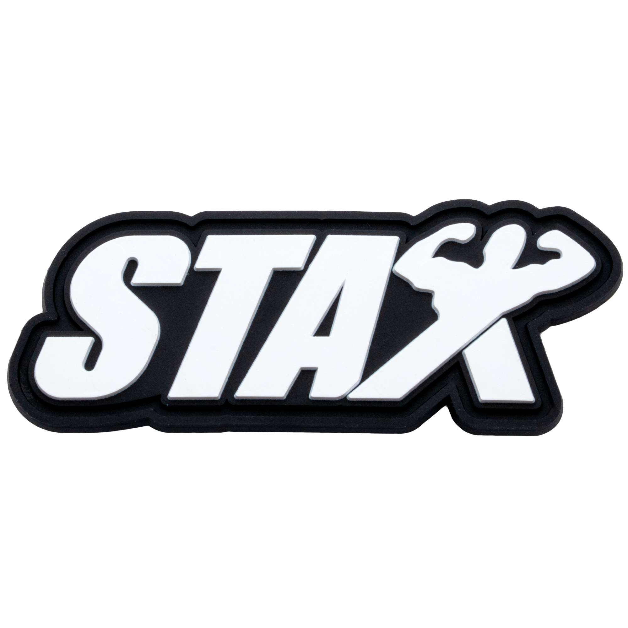 PVC lapel pin featuring white STAX lettering with a flexing bodybuilder silhouette against a black background.