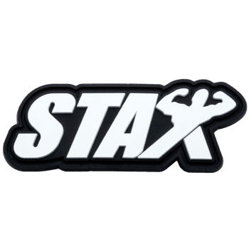 PVC lapel pin featuring white STAX lettering with a flexing bodybuilder silhouette against a black background.