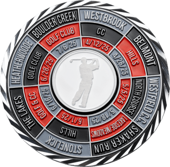 Circular golf tour challenge coin featuring a golfer silhouetted in the center surrounded by various golf club names and tour dates.