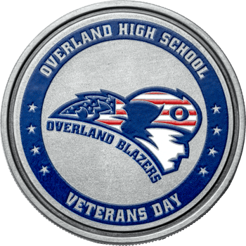Overland High School Veterans Day challenge coin with a blue border, white stars, and the Overland Blazers mascot decorated in US flag patterns.