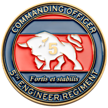 Circular challenge coin featuring a white bull with a gold number 5 on a red and blue background for the 5th Engineer Regiment Commanding Officer.
