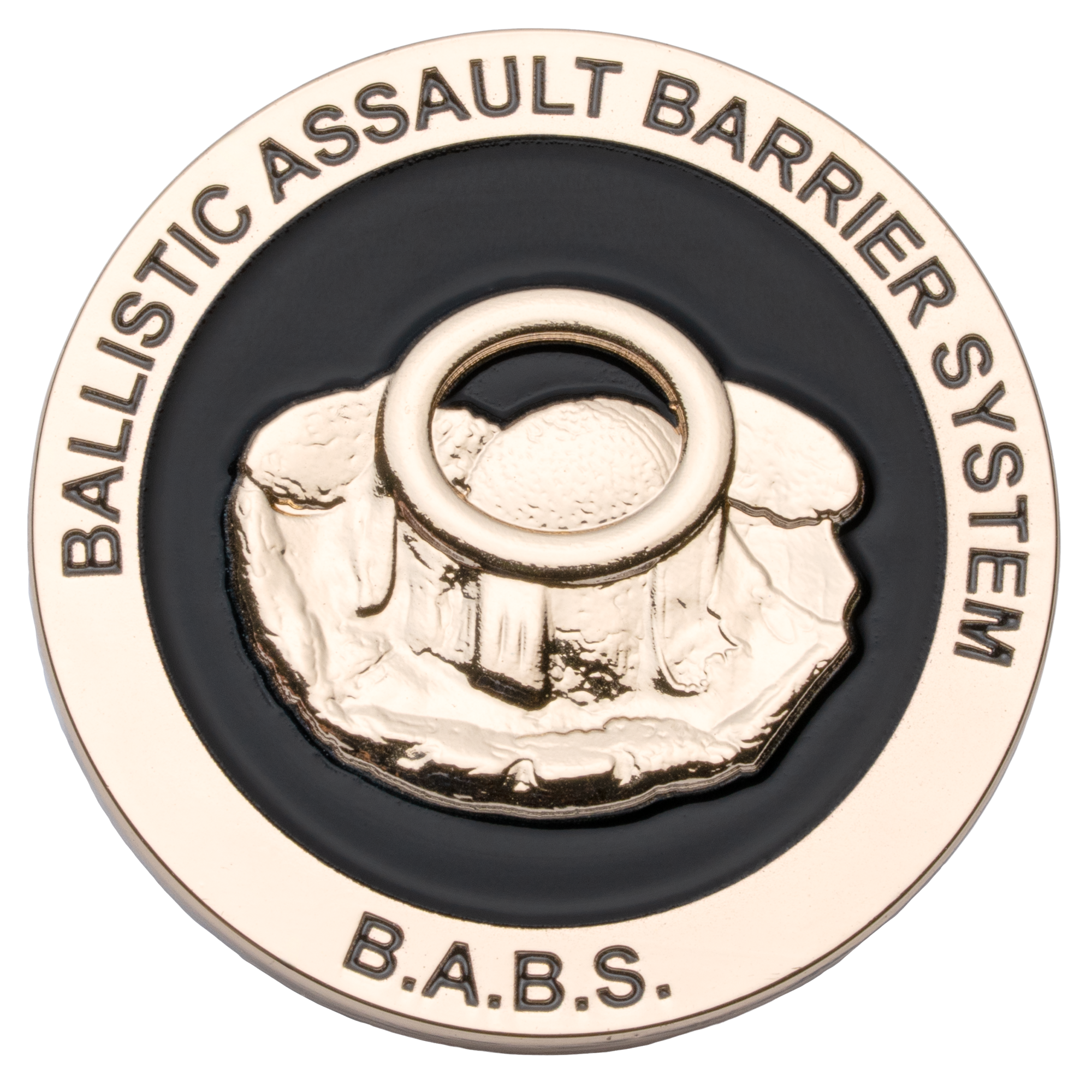 Gold and black challenge coin featuring the Ballistic Assault Barrier System (B.A.B.S.) text and a 3D embossed barrier design.