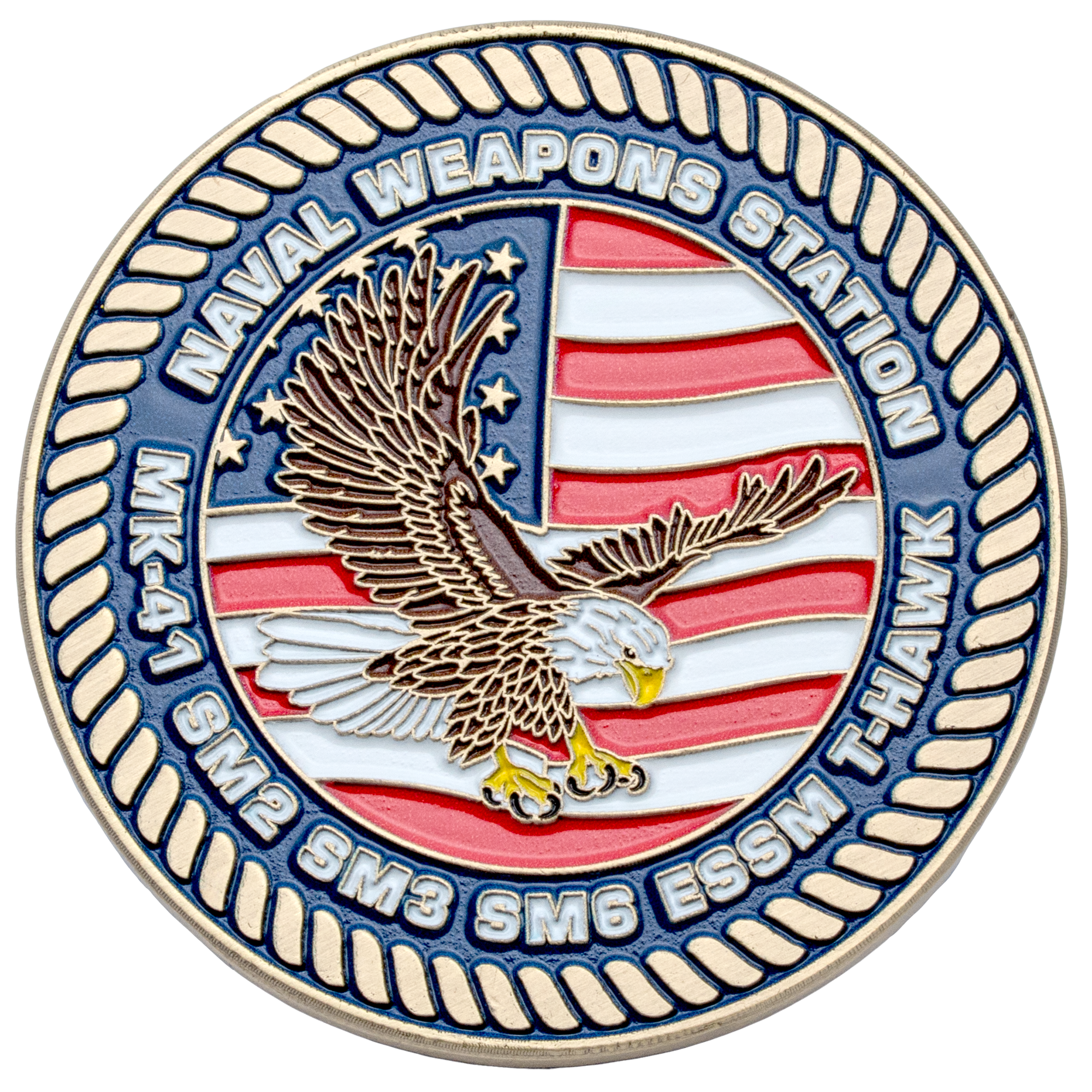 Challenge coin featuring a bald eagle over an American flag background with text for Naval Weapons Station and missile designations.