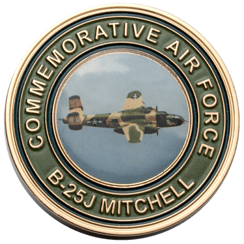 Gold challenge coin featuring a B-25J Mitchell bomber with camouflage patterns and Commemorative Air Force text.