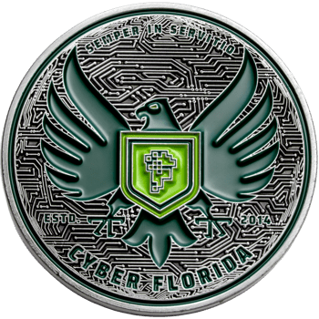 Circular challenge coin featuring a green eagle with a shield over a circuit board background, inscribed with Cyber Florida and Semper In Servitio.