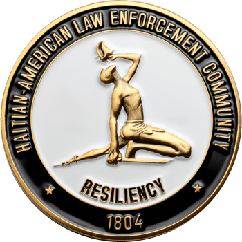 Round challenge coin featuring the Haitian-American Law Enforcement Community text, a gold Marron Inconnu figure on a white background, and 'Resiliency 1804'.