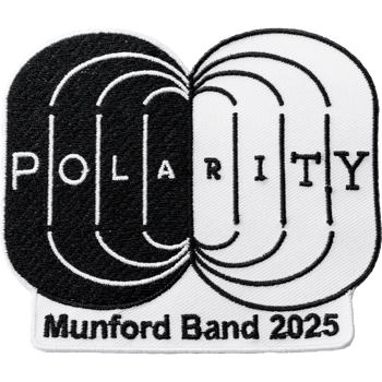 Embroidered custom patch for Munford Band 2025 featuring a black and white Polarity design with magnetic field lines.