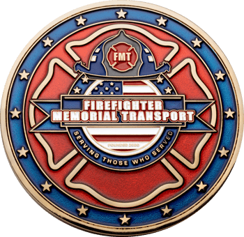 Firefighter Memorial Transport challenge coin featuring a red Maltesian cross, stars, and American flag design elements with gold plating.