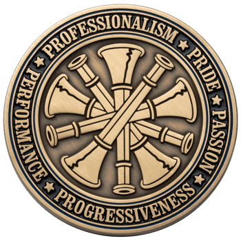 Antique bronze challenge coin featuring a five bugle fire chief insignia surrounded by values like professionalism and pride.