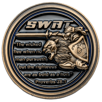 Antique bronze challenge coin featuring a lion-headed warrior with a sword and shield alongside the SWAT logo and Proverbs 28:1 scripture.