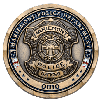 Mariemont Police Department challenge coin featuring an antiqued brass finish, police officer badge emblem, and State of Ohio seal.