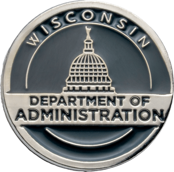 Circular silver and black challenge coin featuring the Wisconsin State Capitol dome and the text Wisconsin Department of Administration.