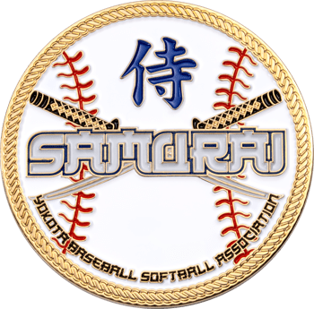 Yokota Baseball Softball Association Samurai challenge coin featuring crossed katana swords and baseball stitching design with a gold rope edge.