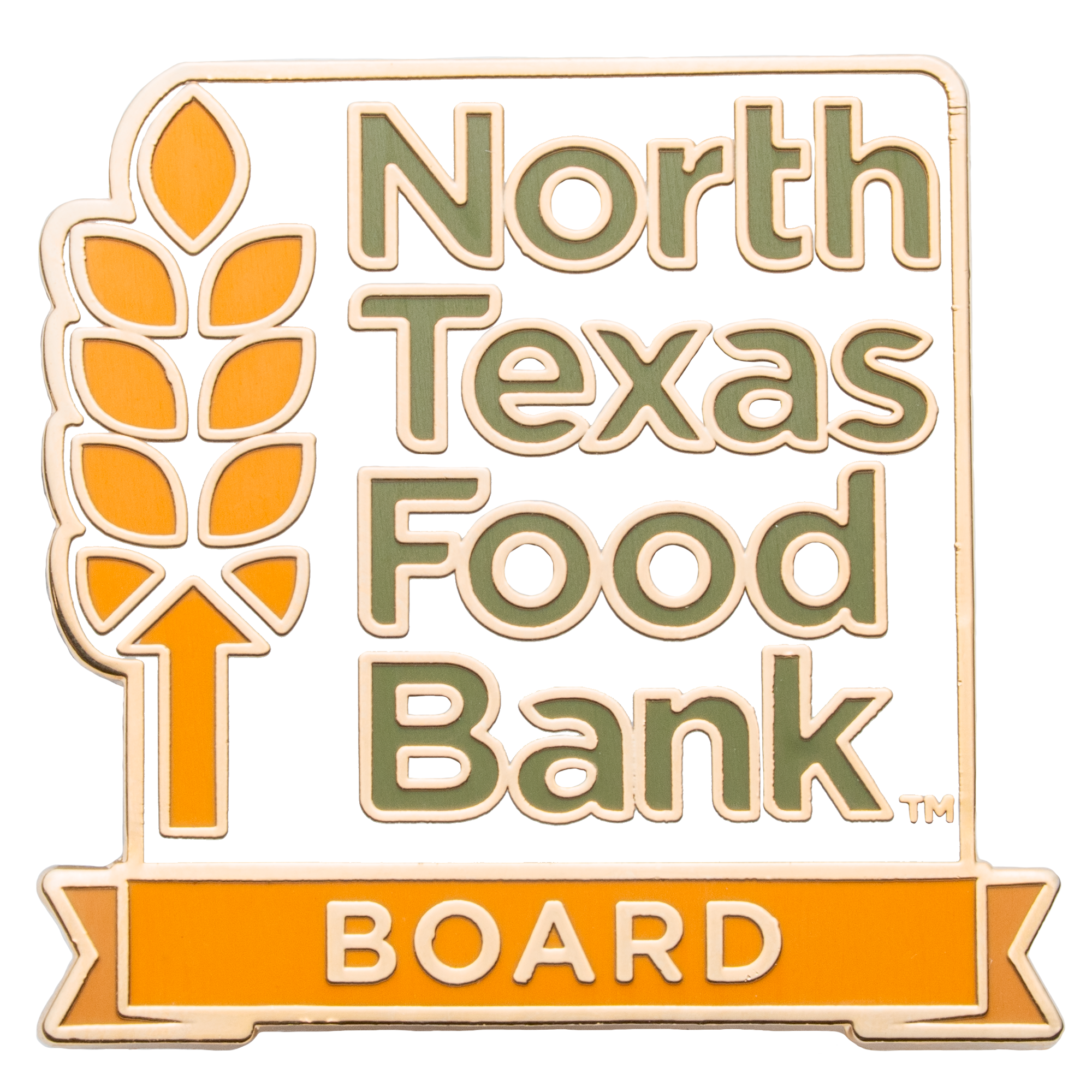 Enamel lapel pin for the North Texas Food Bank Board featuring a wheat stalk icon and green lettering on a white background.