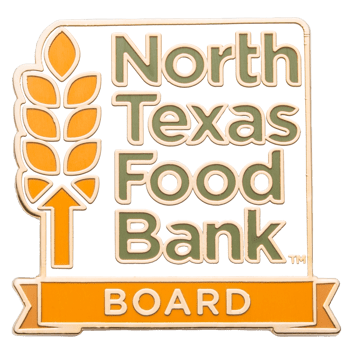 Enamel lapel pin for the North Texas Food Bank Board featuring a wheat stalk icon and green lettering on a white background.