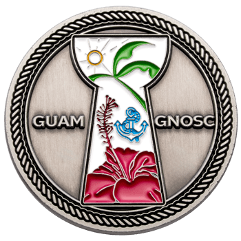 Silver challenge coin featuring Guam GNOSC text, a hibiscus flower, palm tree, and anchor within a latte stone shape.