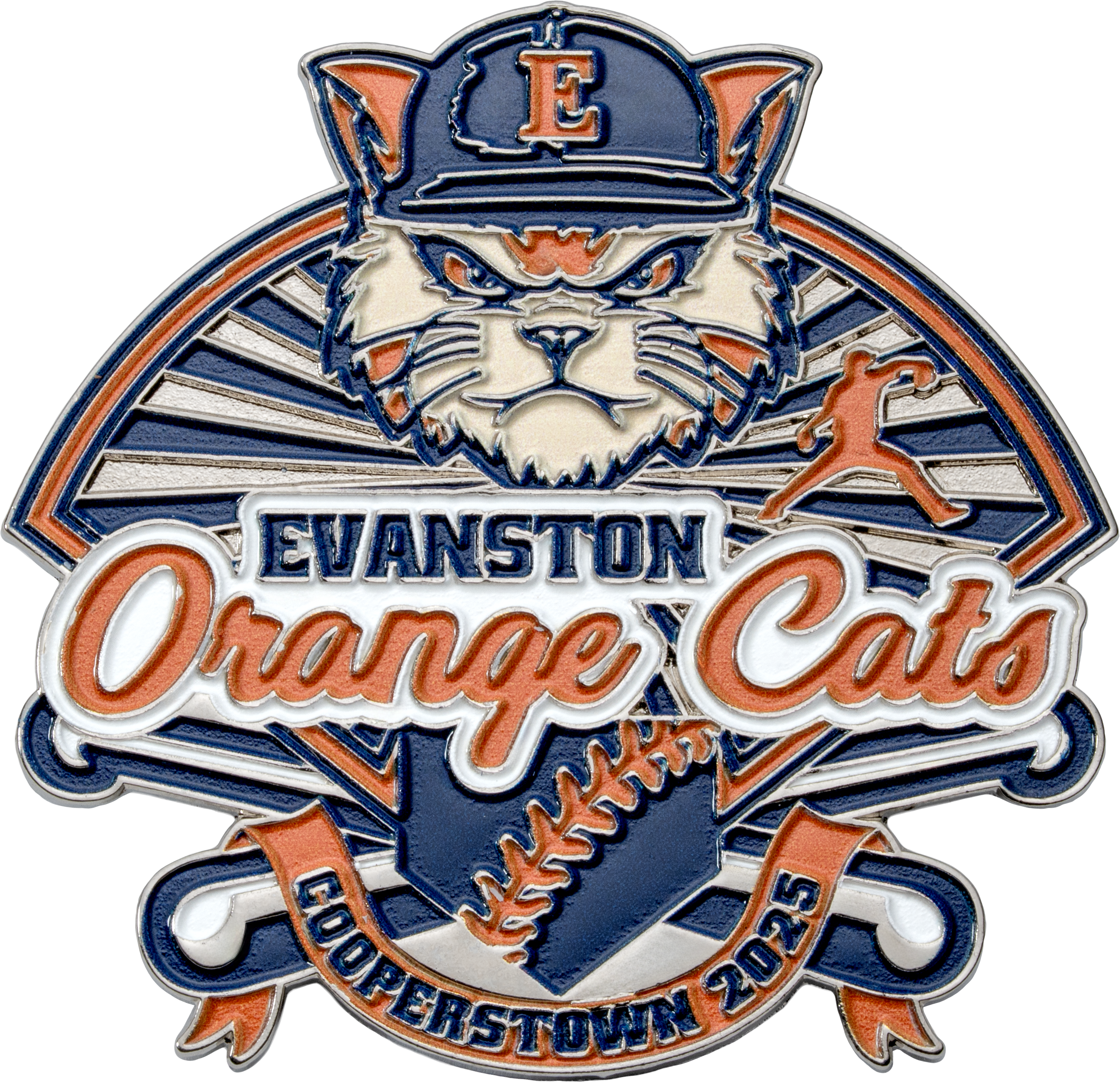 Custom baseball lapel pin featuring the Evanston Orange Cats mascot wearing a hat, a player silhouette, and a baseball with Cooperstown 2025 text.