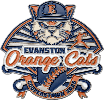Custom baseball lapel pin featuring the Evanston Orange Cats mascot wearing a hat, a player silhouette, and a baseball with Cooperstown 2025 text.