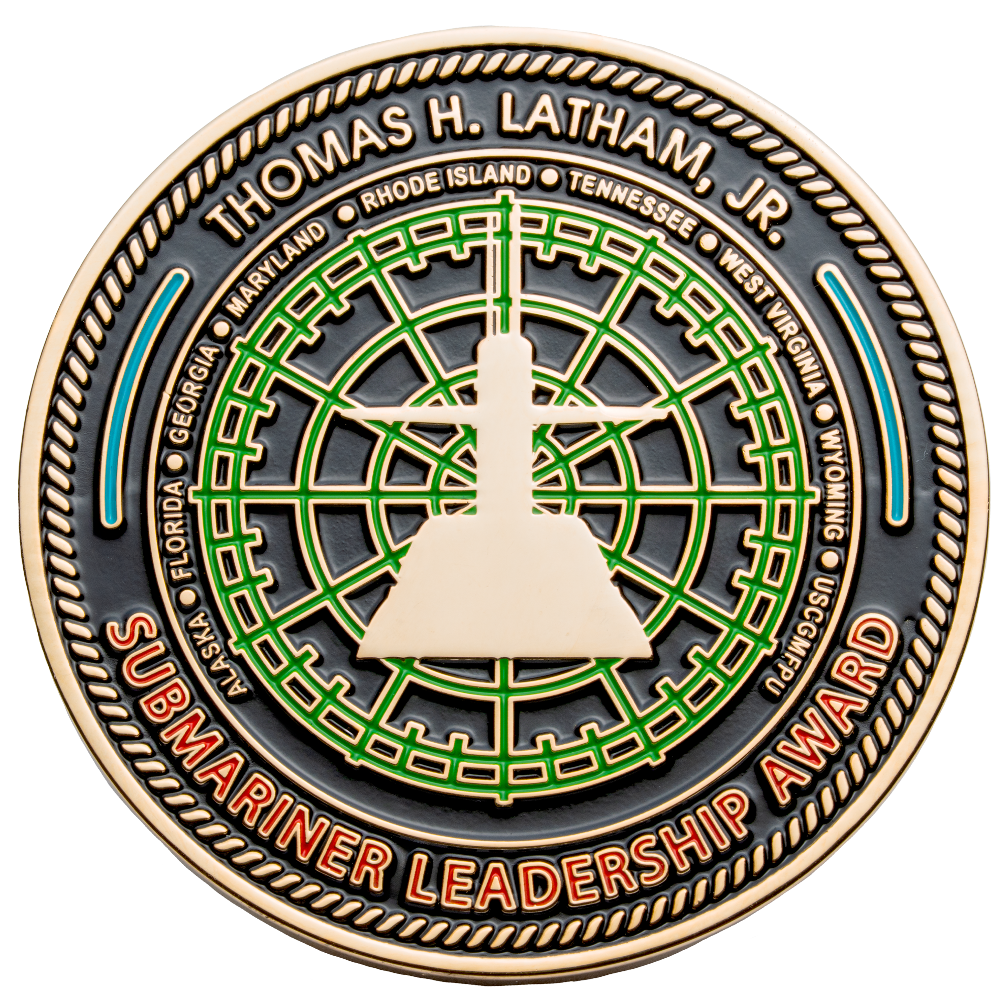 A round challenge coin featuring a submarine silhouette over a green radar grid, with 'Submariner Leadership Award' in red text and a gold rope edge.