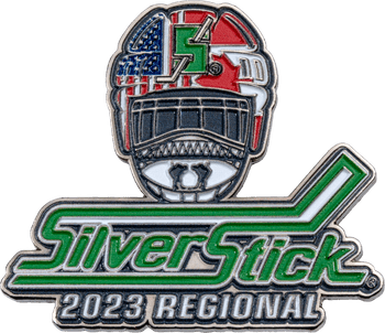 Silver Stick 2023 Regional hockey lapel pin featuring a hockey helmet with an American flag motif and hockey stick design.
