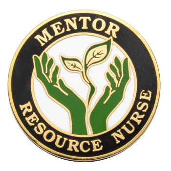 Circular lapel pin featuring green hands cradling a growing sprout with Mentor Resource Nurse text on a black border.