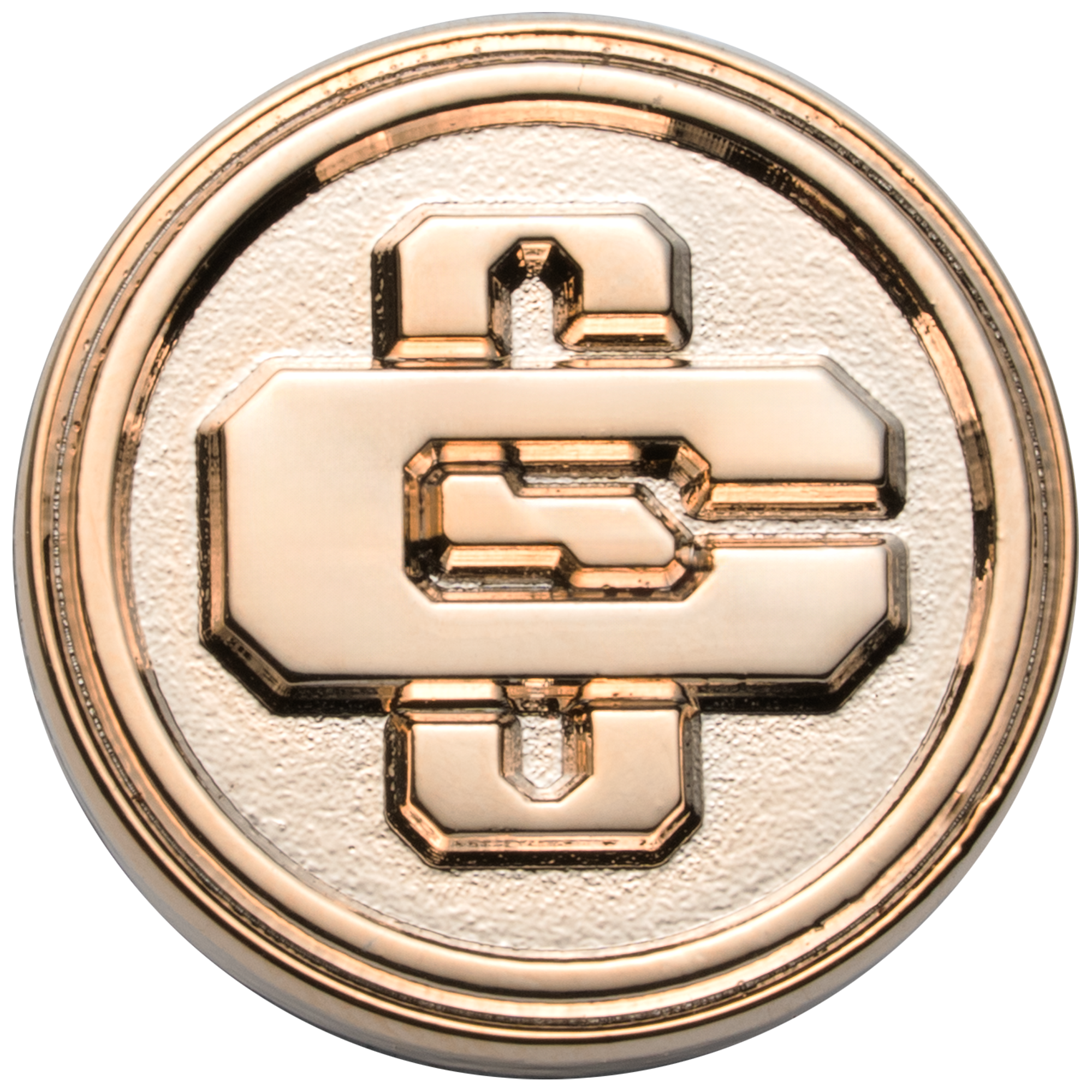 Circular polished gold lapel pin featuring a raised CSC interlocking monogram on a textured background.