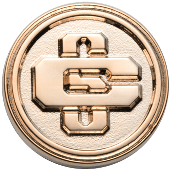 Circular polished gold lapel pin featuring a raised CSC interlocking monogram on a textured background.