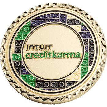 Intuit Credit Karma challenge coin with a gold finish, diamond-cut edge, and a green and blue building block pattern.