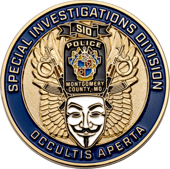 Special Investigations Division challenge coin featuring a Guy Fawkes mask, wings, firearms, and the Montgomery County, MD police badge.