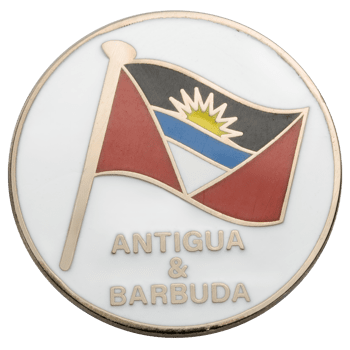 Antigua & Barbuda flag challenge coin with gold metal borders on a white enamel background.