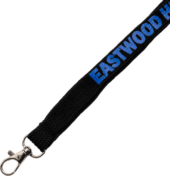 Black woven lanyard featuring blue lettering for Eastwood with a silver metal swivel lobster claw clasp.