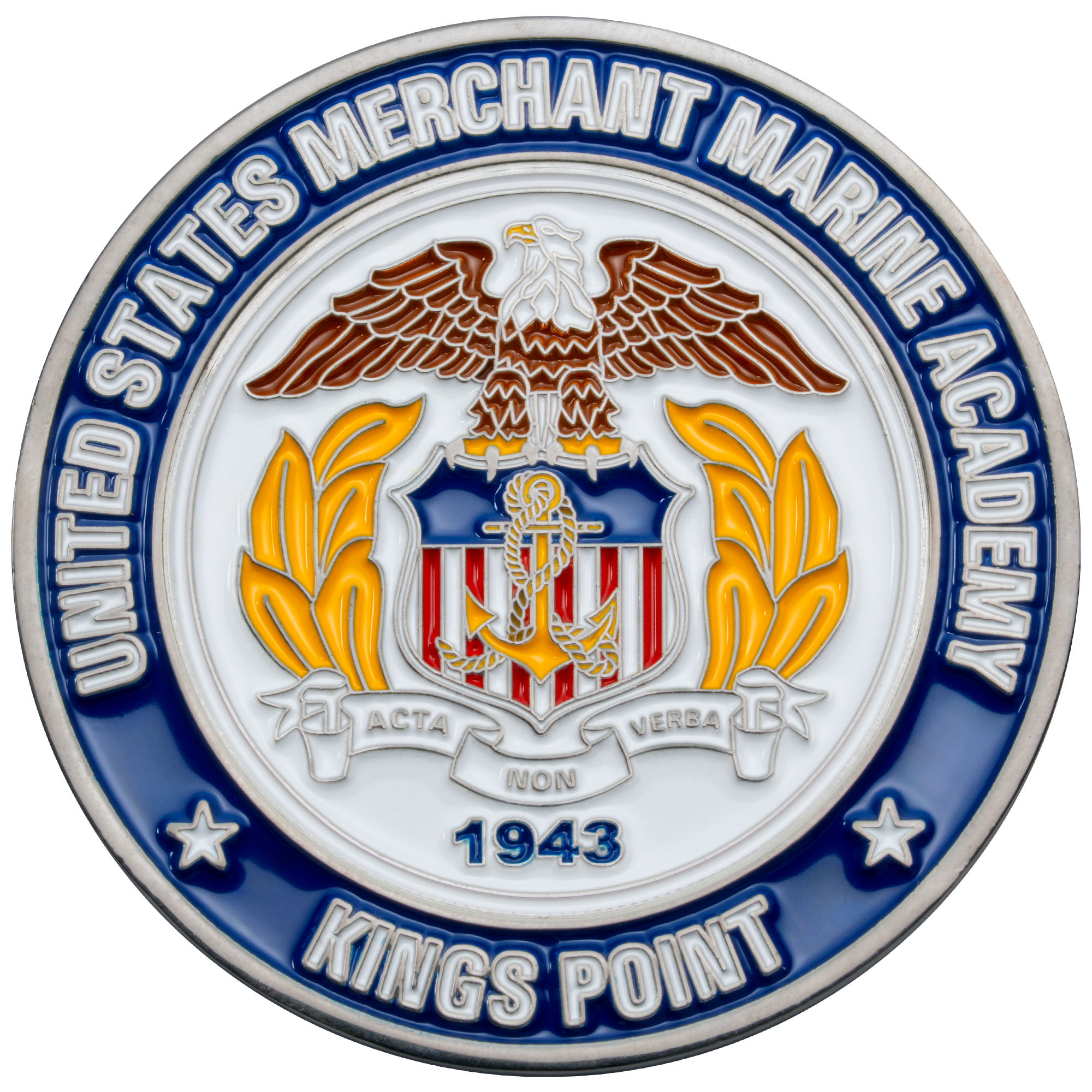 United States Merchant Marine Academy challenge coin featuring an eagle, anchor shield, and Kings Point text with blue and white enamel.