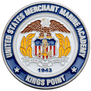 United States Merchant Marine Academy challenge coin featuring an eagle, anchor shield, and Kings Point text with blue and white enamel.