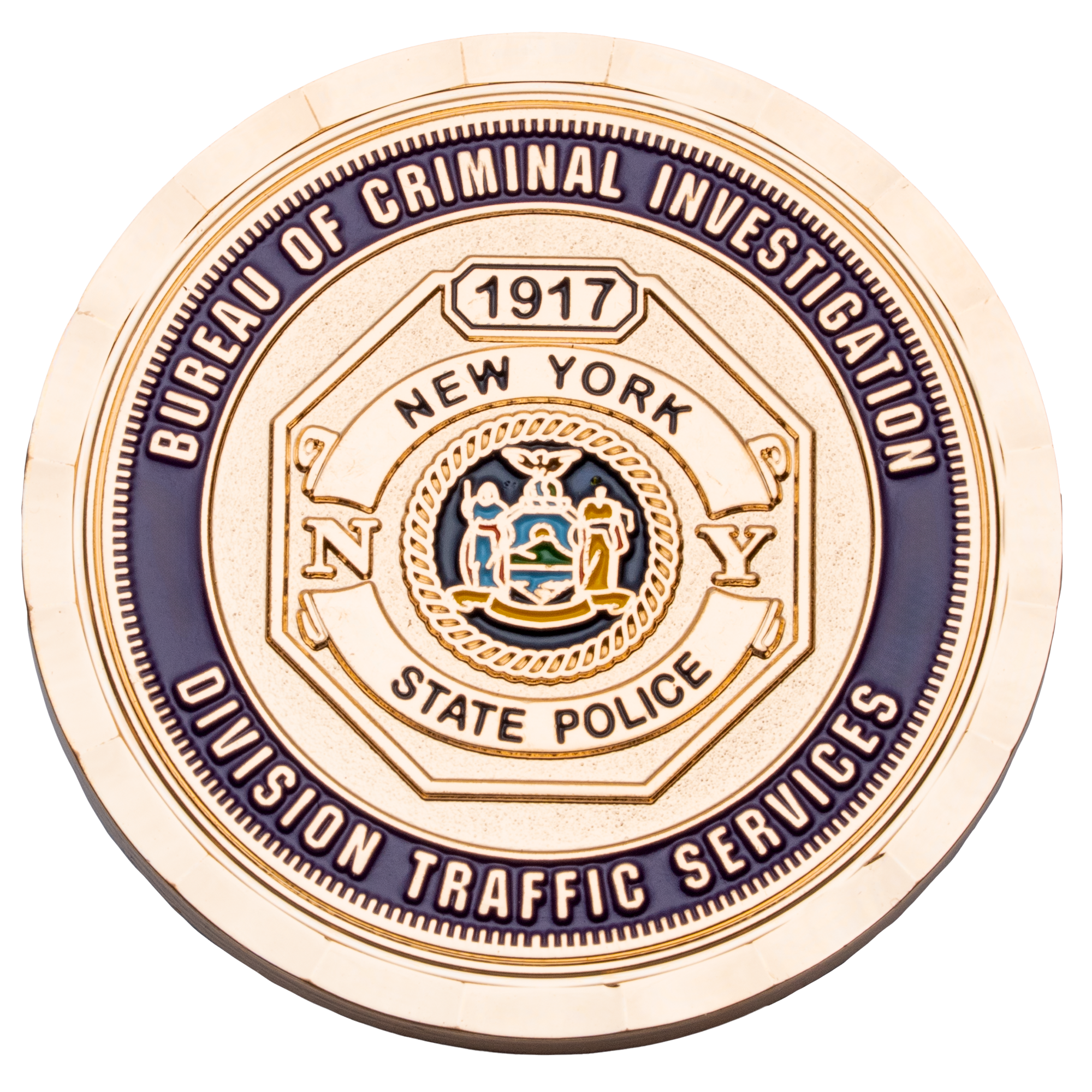 Gold challenge coin for the New York State Police Bureau of Criminal Investigation Division Traffic Services featuring the state seal.