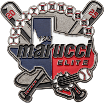 Marucci Elite Texas 12U lapel pin featuring the state of Texas, crossed baseball bats, and numbered baseballs.