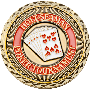 Gold challenge coin for the Holt-Seaman Poker Tournament featuring a royal flush in hearts on a red enamel ring with a diamond cut edge.