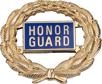 Gold laurel wreath lapel pin featuring a blue rectangular center with Honor Guard text in gold lettering.