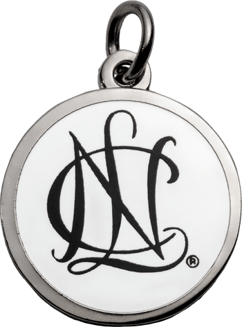 Round silver charm pendant featuring a black interlocking monogram on a white enamel background.