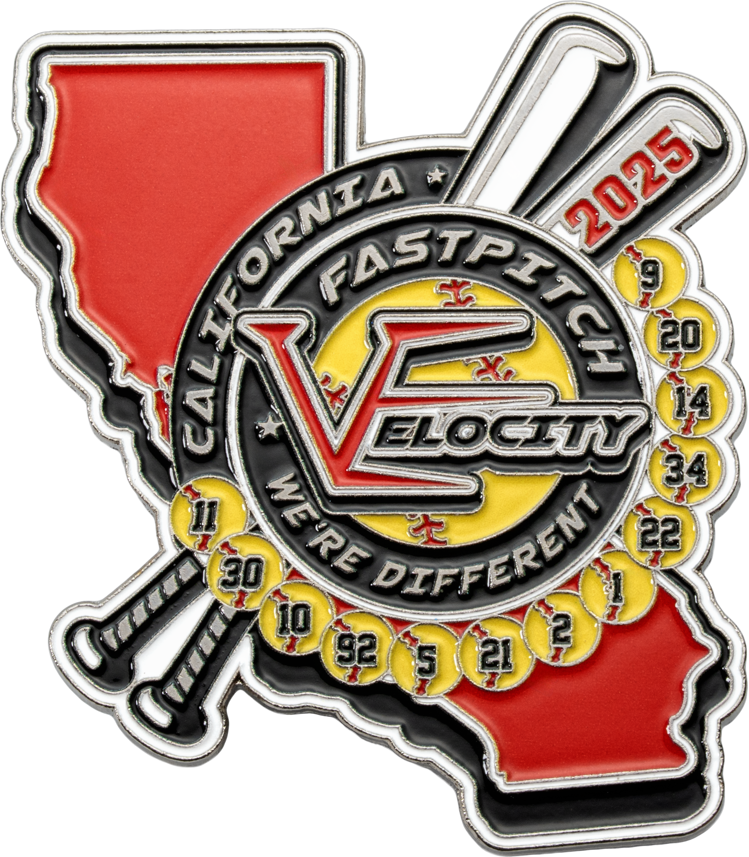 Custom softball lapel pin featuring California state outline, crossed bats, and yellow softballs with player numbers.