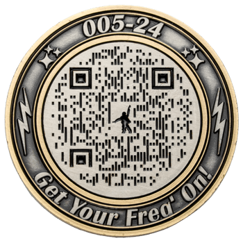 Dual-tone silver and gold challenge coin featuring a central QR code, a human silhouette, lightning bolts, and the text 005-24 Get Your Fred' On.