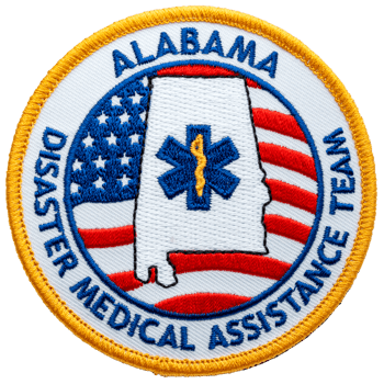 Embroidered Alabama Disaster Medical Assistance Team patch featuring the state outline, American flag, and blue Star of Life with a yellow border.