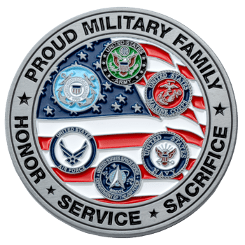Proud Military Family challenge coin featuring the American flag and six military branch emblems with words Honor, Service, and Sacrifice.