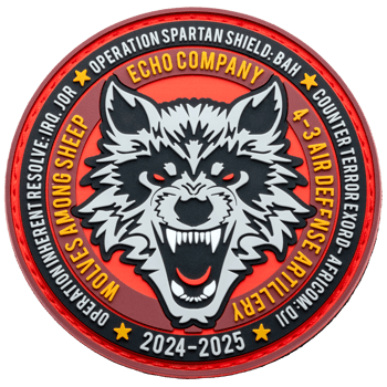 Circular PVC patch featuring a snarling wolf head with 'Echo Company' and '4-3 Air Defense Artillery' text on a red and black background.