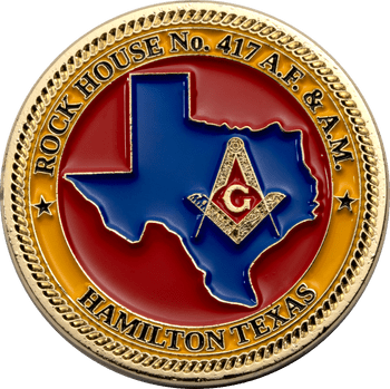 Rock House No. 417 A.F. & A.M. Masonic challenge coin featuring a blue Texas silhouette with the Square and Compasses emblem against a red background.