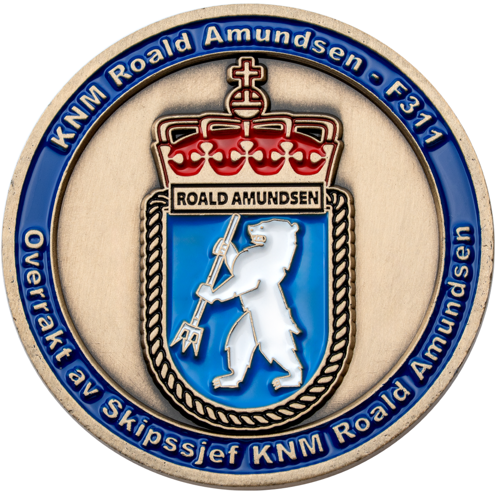 Gold challenge coin featuring a polar bear holding a trident under a red crown, with blue outer ring text for KNM Roald Amundsen F311.