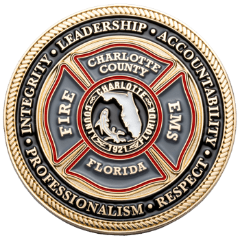 Gold challenge coin for Charlotte County Florida Fire EMS featuring a red Maltese cross, the Florida state outline, and a rope border.