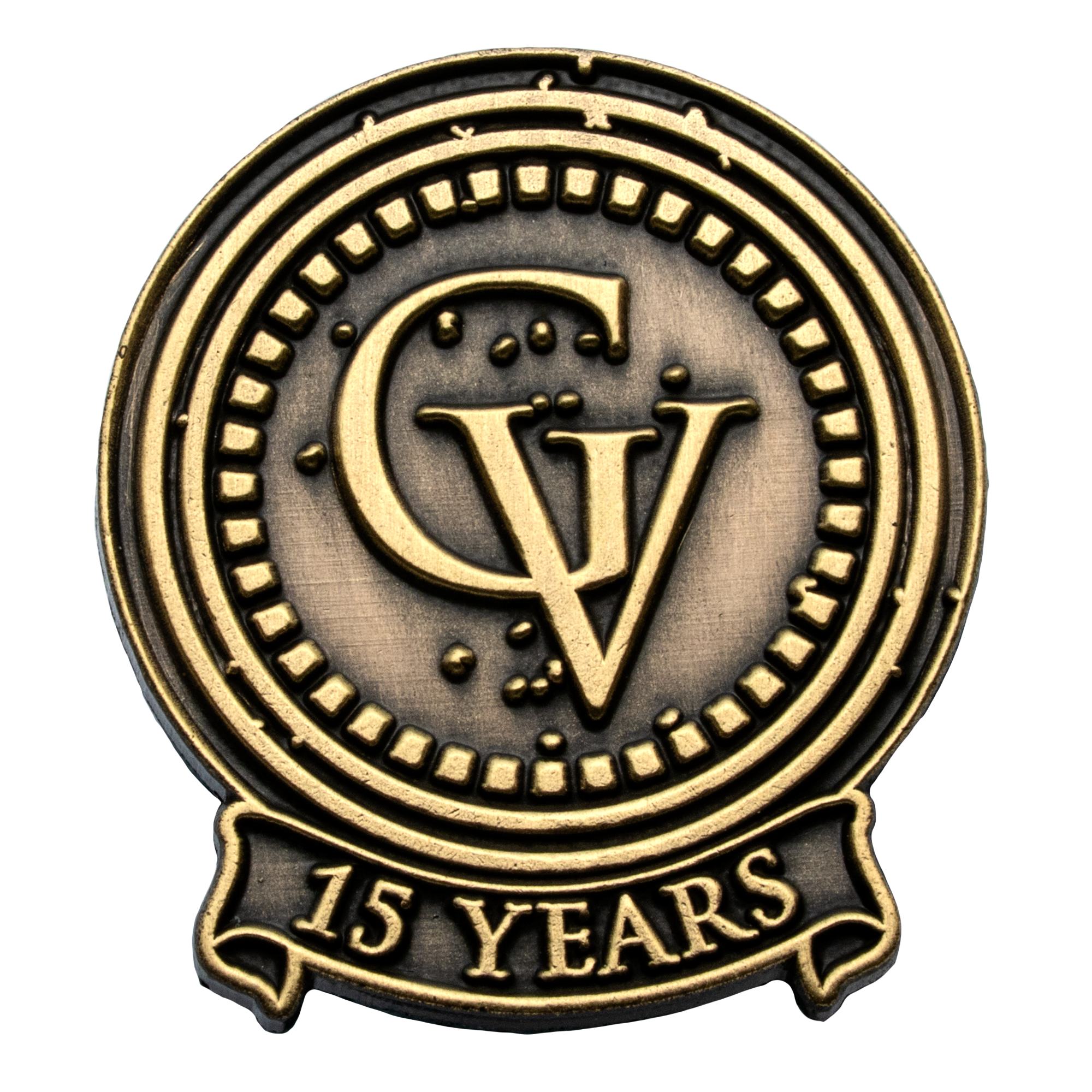 Antiqued gold lapel pin featuring the GV monogram and a banner reading 15 Years.