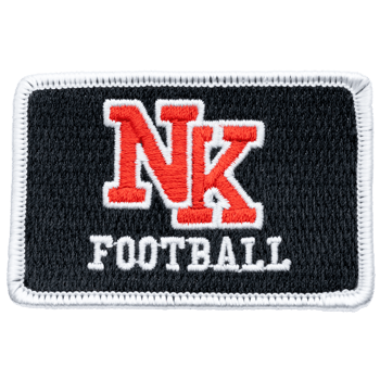 Rectangular embroidered patch featuring a red and white NK logo with the word FOOTBALL on a black background and white border.